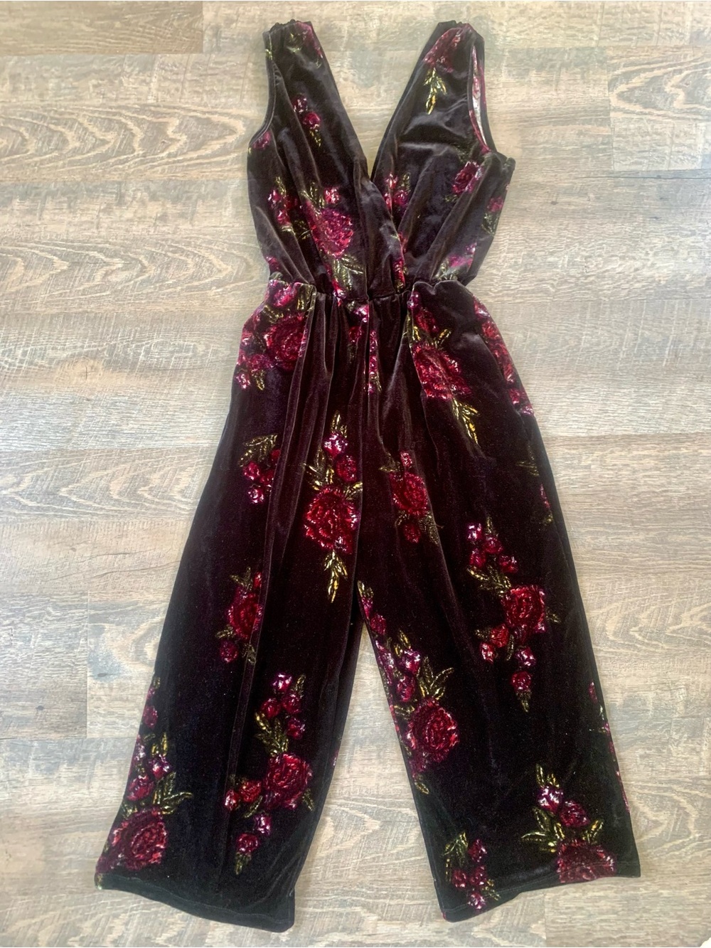 Velvet Whimsigoth Floral  Wide-Leg Jumpsuit - Black with Burgundy Rose Print